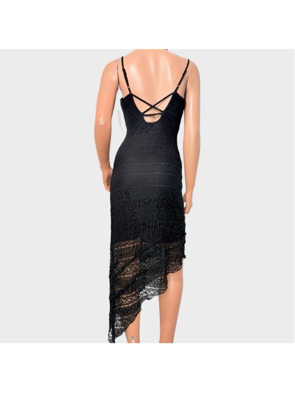 90s Deadstock Black Lace Mesh Midi Dress Asymmetrical Hanky Hem M Fairy Grunge - Picture 9 of 13